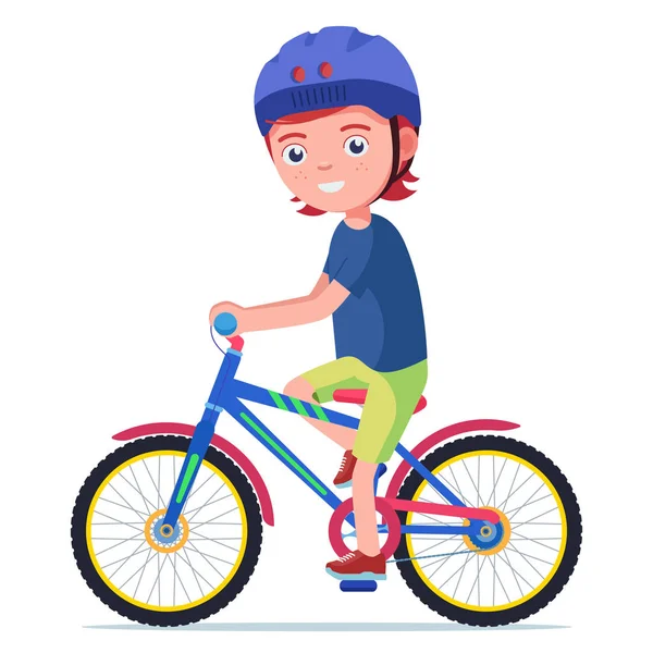 Niño monta una bicicleta en un casco protector — Archivo Imágenes Vectoriales