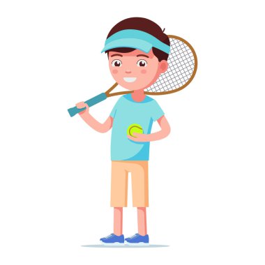 Bir tenis top ve raket ile ayakta çizgi film çocuk