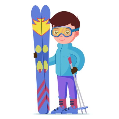 Dağ kayağı ve sopa ile ayakta çocuk