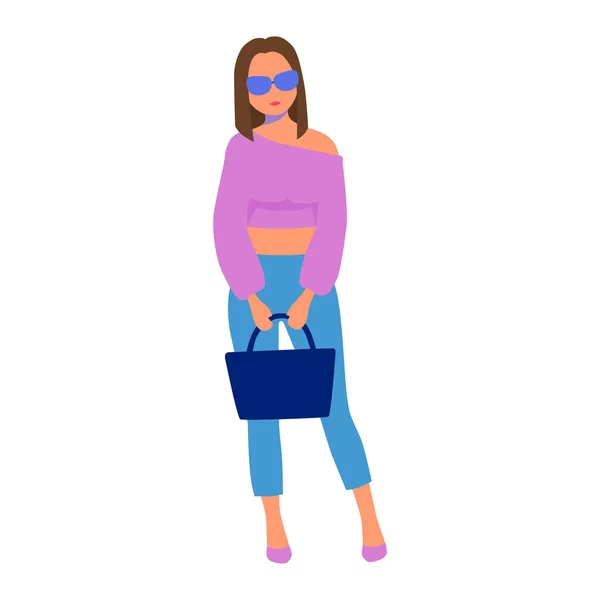 Vektor Mädchen mit Brille steht mit einer Tasche — Stockvektor