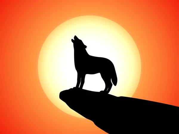 Melolong serigala berdiri di atas batu saat matahari terbenam - Stok Vektor
