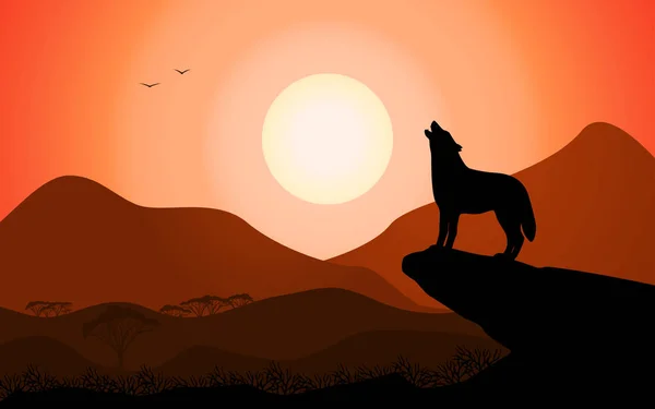 Heulender Wolf bei Sonnenuntergang steht auf einem Felsen — Stockvektor