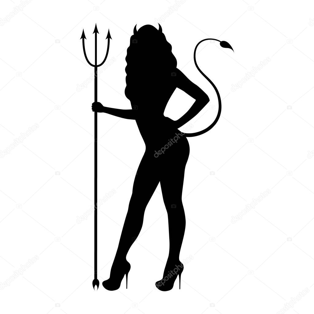 Black silhouette of a demon girl standing in heels with a pitchfork with horns and a tail. Isolated white background. Woman devil logo icon, side view profile, vector illustration.