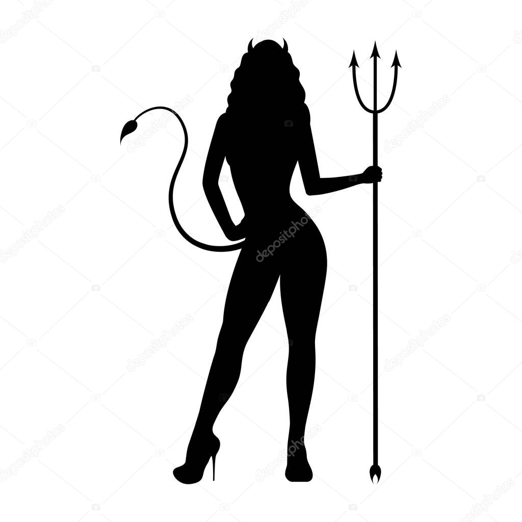 Black silhouette of a beautiful demon girl on an isolated white background. A female devil with a pitchfork with horns and a tail is standing in a sexy pose. Vector illustration logo icon.