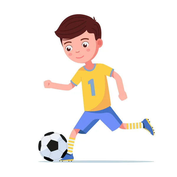 Le foot de garçon donne un coup de pied au ballon en fuite — Image vectorielle