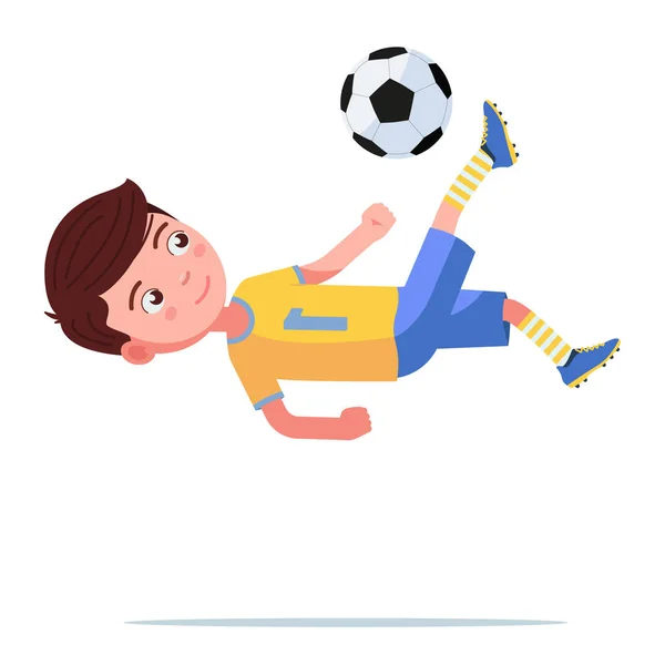 Boy Soccer Player schopt de bal in een flip Jump — Stockvector