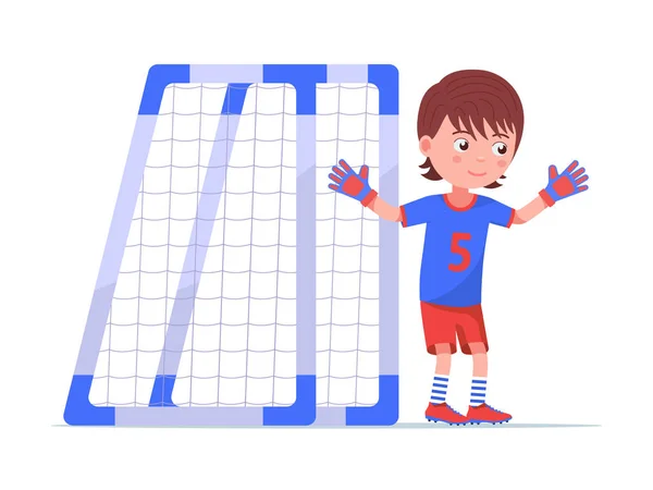 Boy goalkeeper stands next to the football goal — Stock Vector