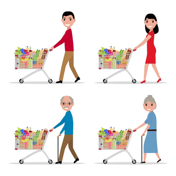 Conjunto de personas con carrito de la compra con productos — Archivo Imágenes Vectoriales