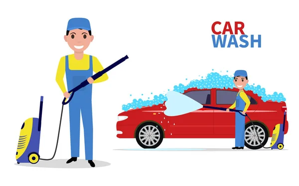 Man tvättar en bil i Uniform — Stock vektor