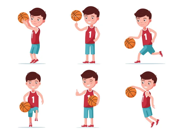 Set Junge Basketballspieler spielen mit einem Ball — Stockvektor