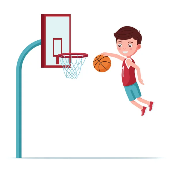 Menino jogador de basquete salta com a bola — Vetor de Stock