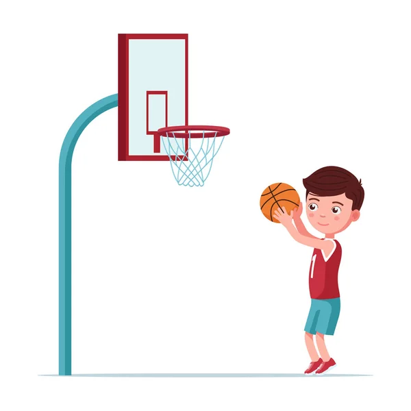 男孩篮球运动员把球扔进篮子里 — 图库矢量图片