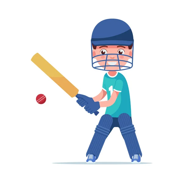 Boy cricket player stands with a bat hit the ball — Stock Vector