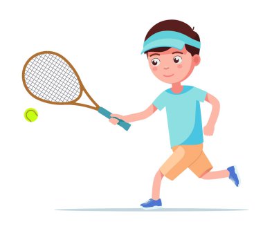 Boy tenisçi top için bir raket ile çalışır