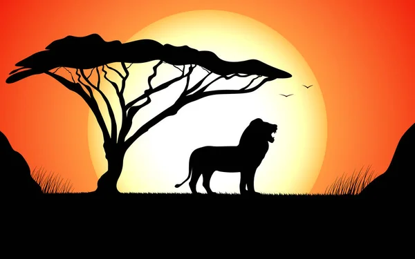 Vektör illüstrasyon Vahşi aslan ile Afrika doğası — Stok Vektör