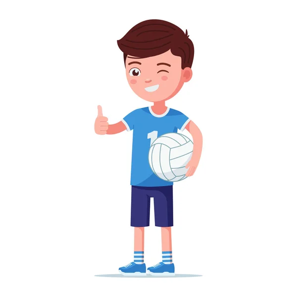 Niño jugador de voleibol se para justo con la pelota — Vector de stock