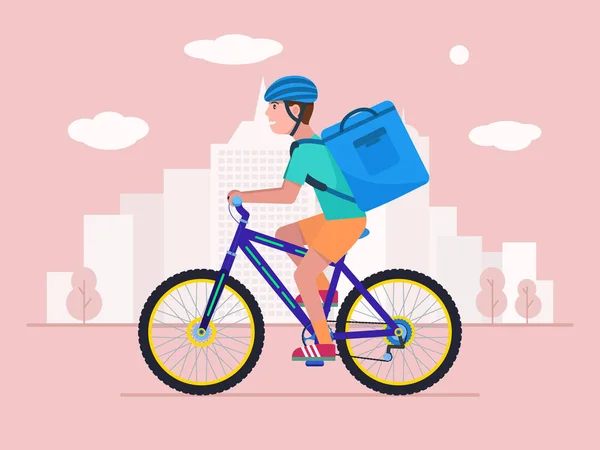 Correio em uma bicicleta entrega um pacote com comida — Vetor de Stock