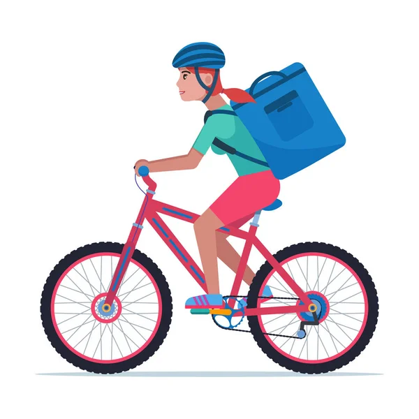 Courier γυναίκα κουβαλάει ένα κουτί σε ένα ποδήλατο — Διανυσματικό Αρχείο