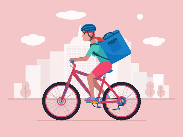 Bisikletli kurye, yiyecek dolu bir paket teslim eder — Stok Vektör