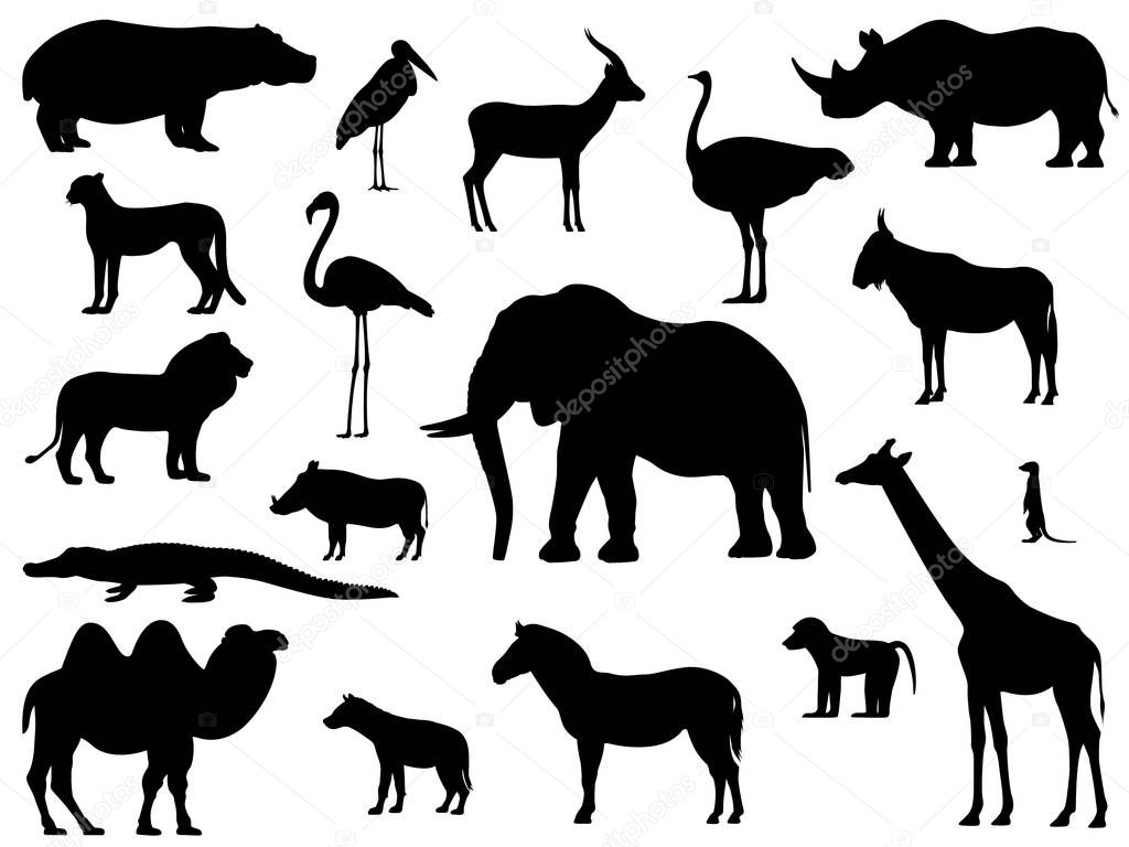 Set silhouette standing african animals