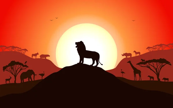 Silhouette rugissante d'un lion debout sur une colline — Image vectorielle