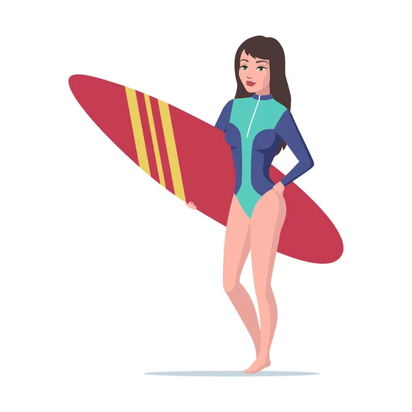 서핑 보드와 함께 서있는 서퍼 소녀 — 스톡 벡터