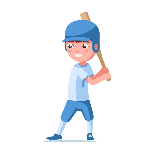 Menino jogador de beisebol em um capacete detém um morcego —  Vetores de Stock