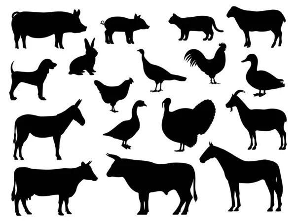 Conjunto de siluetas de animales domésticos de granja — Vector de stock