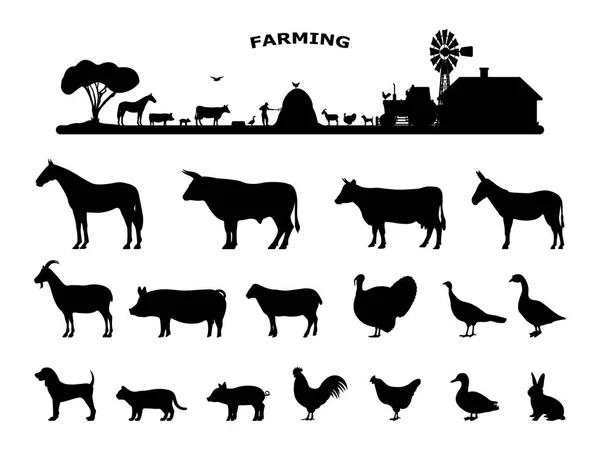 Set silhouettes animaux de ferme domestiques — Image vectorielle