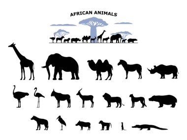 Siyah siluet vahşi Afrika hayvanları seti
