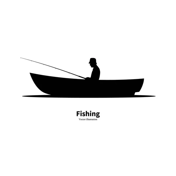 Teknede oturan bir balıkçının siyah silueti — Stok Vektör