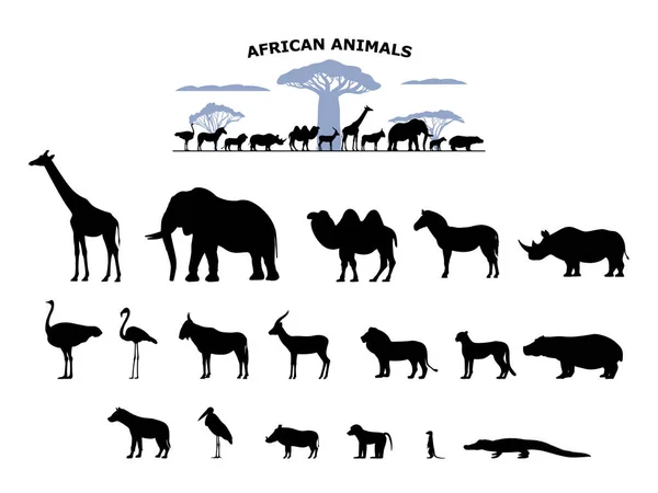 Set di animali africani selvatici dalla silhouette nera — Vettoriale Stock