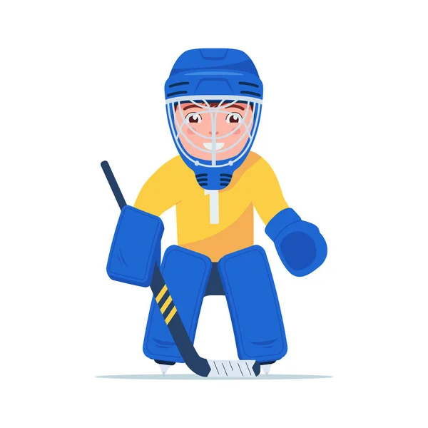 Хлопчик-хокеїст стоїть у формі воротаря — стоковий вектор