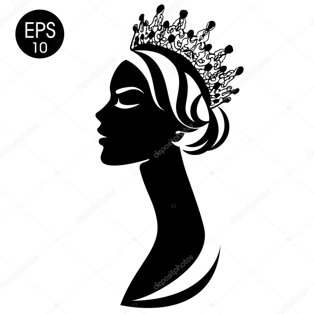 Queen. Woman in crown. Black and white silhouette — Stock Vector