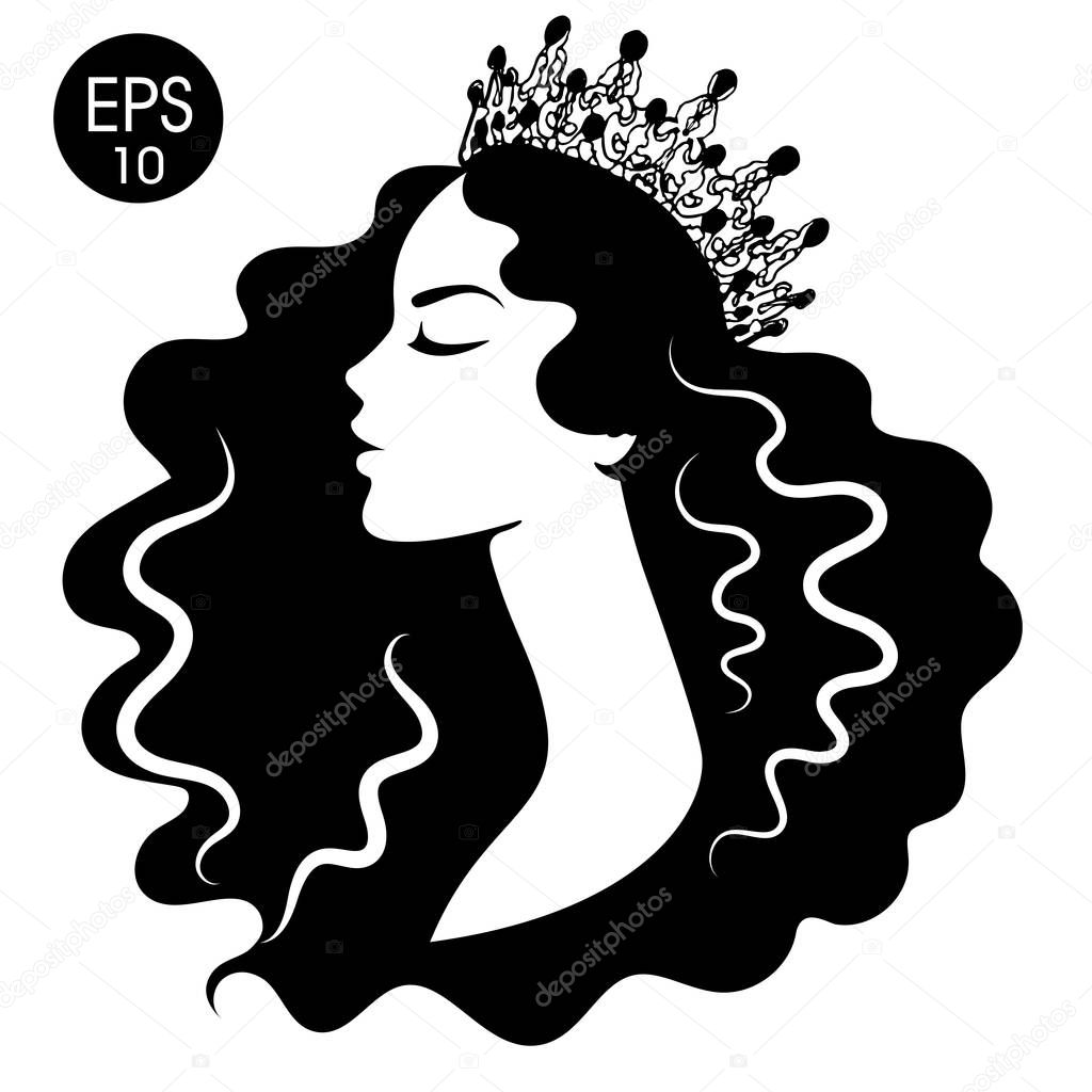 Queen. Woman in crown. Black and white silhouette
