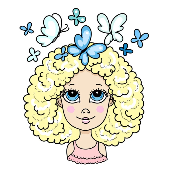 Linda chica rubia rizada con mariposas azules — Vector de stock