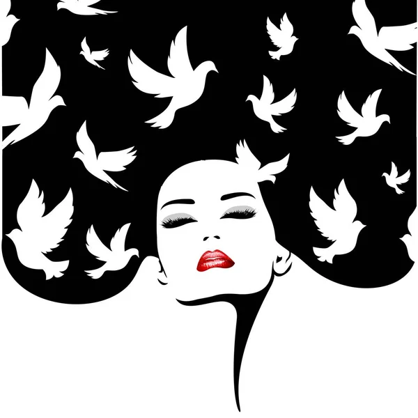Silhouette donna con uccelli. Illustrazione della moda vettoriale . — Vettoriale Stock