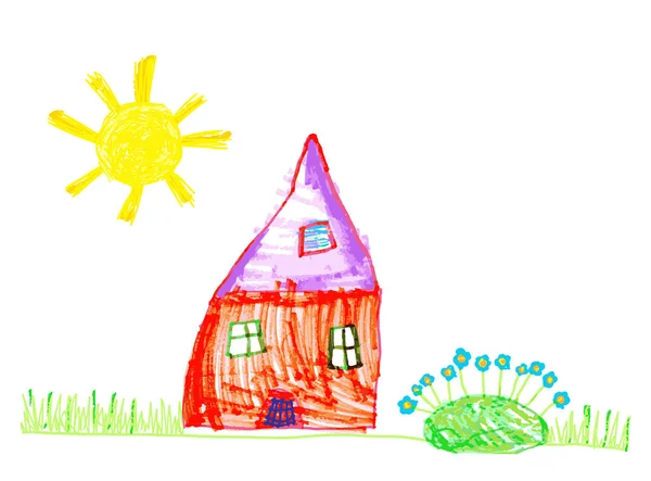Desenho infantil. Vetor mão desenhada ilustração da casa e do sol — Vetor de Stock