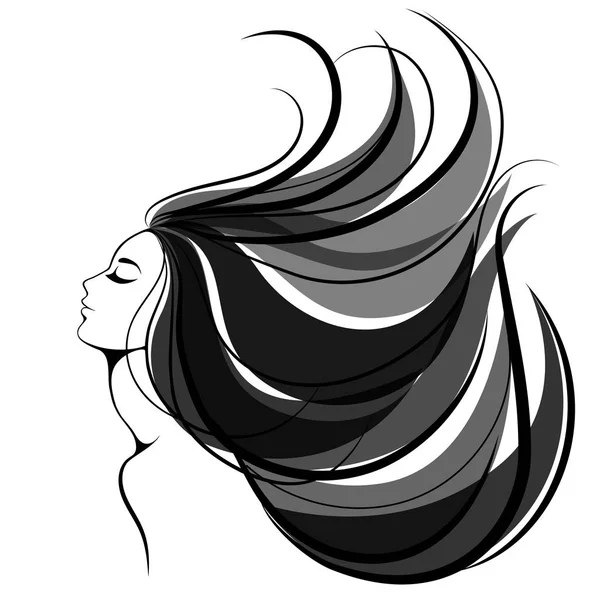 Visage de femme aux cheveux longs chics. Illustration vectorielle de mode. Femme silhouette noire — Image vectorielle