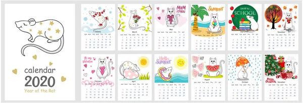 Monthly creative vector calendar 2020 with Cute Rat. The Chinese calendar 2020 for children with illustration of the main European Holidays ストックベクター