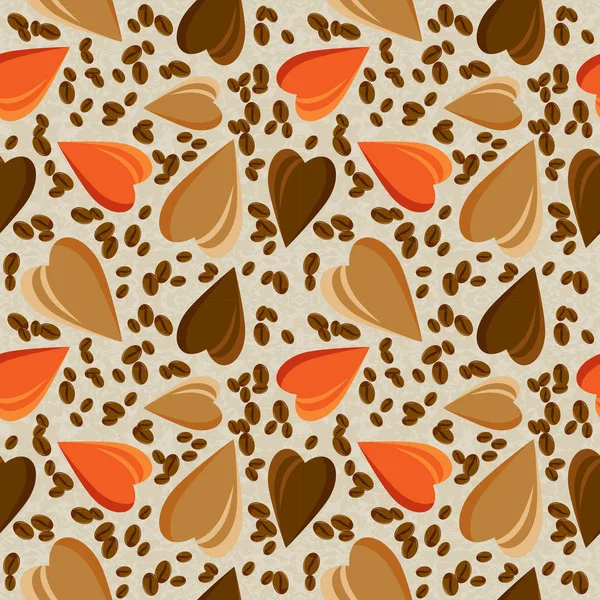 Seamless pattern with realistic  coffee beans. coffee background, seamless pattern design for coffee shop, coffee pattern, cafeteria pattern. Hearts and coffee beans on a light background.