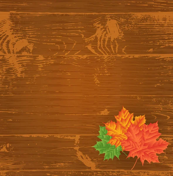 多彩多姿的枫叶在老木板材 秋季背景 自然背景 矢量插图 Eps — 图库矢量图片