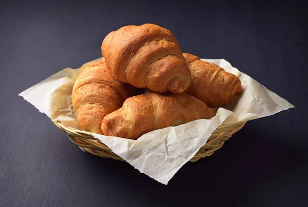 Croissant Table Croissant Close Black Background Pieces Chocolate Fresh Homemade — Stock Photo, Image