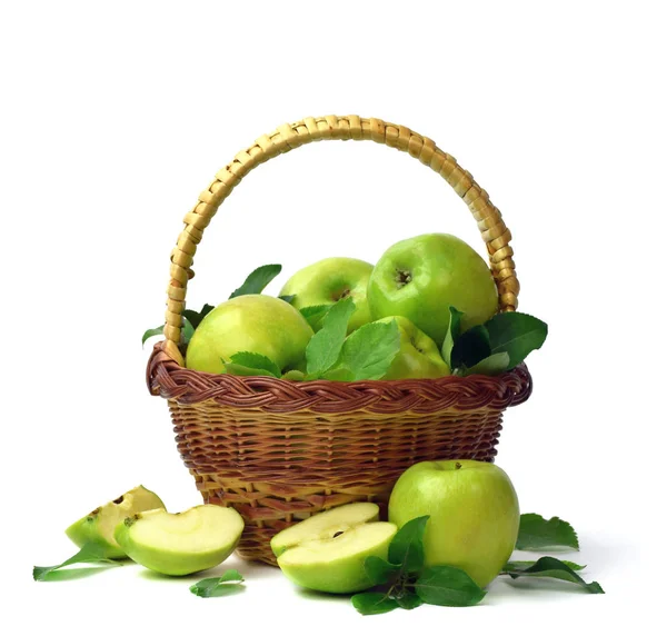Harvest Season Concept Organic Apples Basket Green Apples Leaves White — Stock Photo, Image