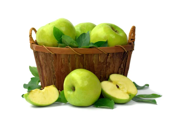 Manzanas Orgánicas Maduras Una Canasta Aislado Sobre Fondo Blanco Frutas — Foto de Stock