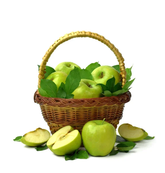 Manzanas Orgánicas Maduras Una Canasta Aislado Sobre Fondo Blanco Frutas — Foto de Stock