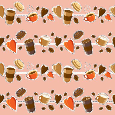 Kahve arka plan. Seamless modeli. Sıcak kahve. İçecekler ve kahve çekirdekleri. Kavram - ben kahve severim. Vektör çizim. EPS 10.