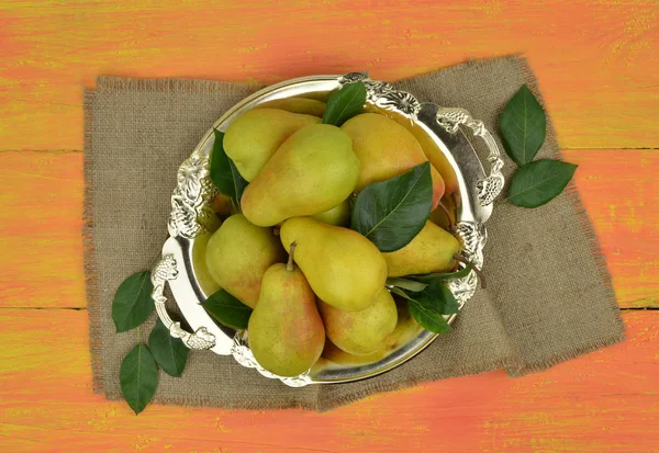 Pears.  Fruit background.  organic pears on old sacking.  autumn harvest. Juicy flavorful pears of rustic background.  Autumn nature .