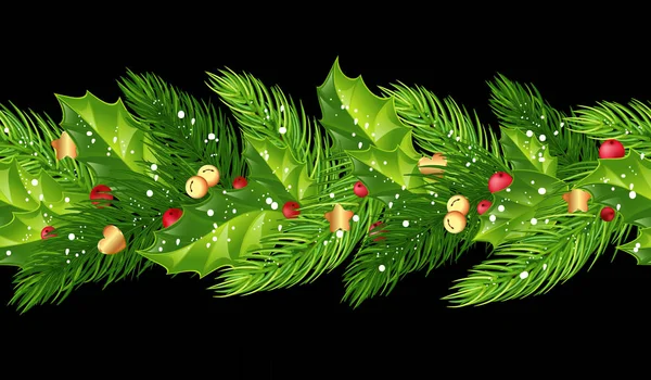 クリスマス ツリー ヒイラギ 赤い果実 黄金の心と星の枝とのシームレスなクリスマス ガーランド 雪に覆われたモミの枝 影なしの黒の背景に分離 — ストック写真