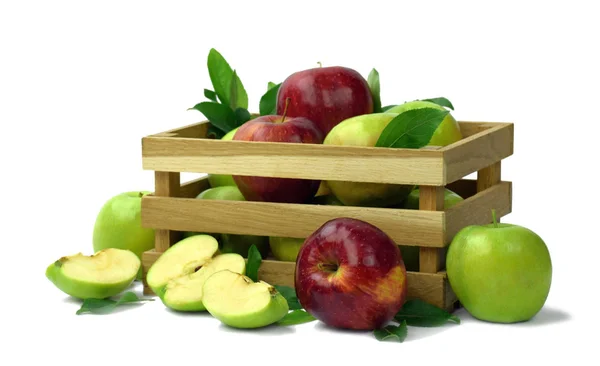 Manzanas Caja Madera Sobre Fondo Blanco Aislado Cosecha Frutas Maduras — Foto de Stock